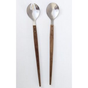 Vintage MCM Stainless Steel Wood Handle Salad Tongs Serving Fork Spoon Japan